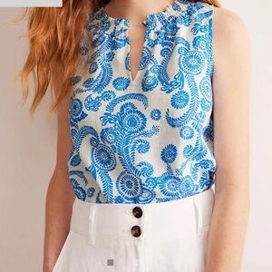 Boden Georgia Linen Sleeveless Top in Surf the Web Print Blue and White US 16-18